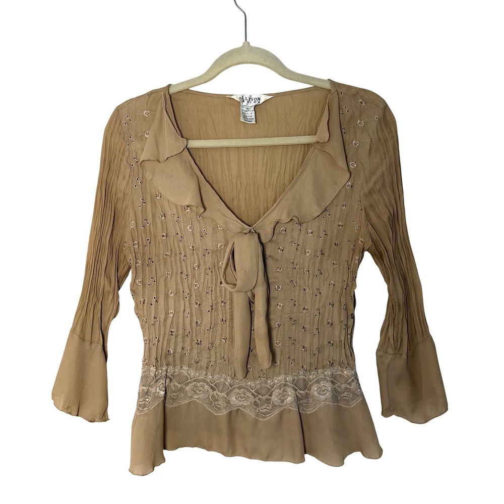 Women's VTG Allison Taylor Blouse Brown Lace Y2K Ruffle 90s Cottagecore SZ M